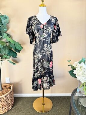 Girls From Savoy Anthropologie Sz 0 Dress Black Floral Sheer Silk Chiffon Gatsby